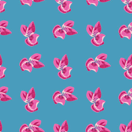 Summer hand drawn pink orchid flowers seamless doodle pattern. Blue background. Floral backdrop. Vector illustration for seasonal textile prints, fabric, banners, backdrops and wallpapers.のイラスト素材