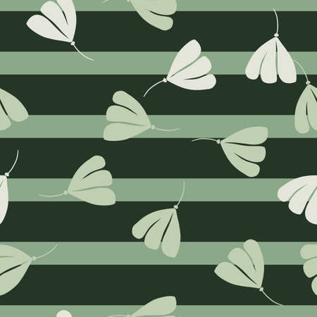 Random seamless nature pattern with doodle cosmos flowers silhouettes. Green and grey striped background. Vector illustration for seasonal textile prints, fabric, banners, backdrops and wallpapers.のイラスト素材