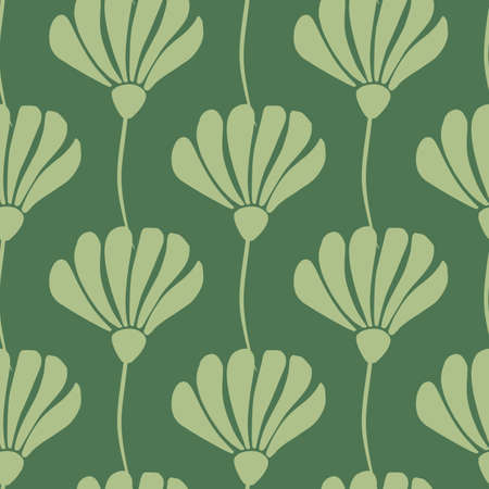 Simple style seamless doodle pattern with light tones flowers silhouettes. Green background. Vector illustration for seasonal textile prints, fabric, banners, backdrops and wallpapers.のイラスト素材
