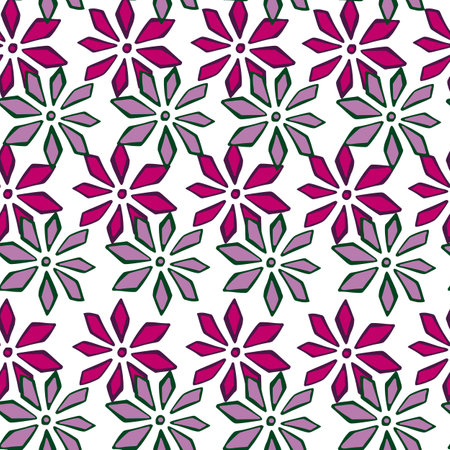 Isolated seamless pattern with contoured pink and purple flowers silhouettes. White background. Stock illustration. Vector design for textile, fabric, giftwrap, wallpapers.のイラスト素材