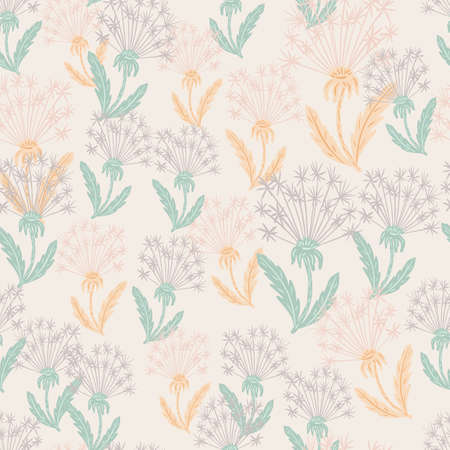 Pastel tones meadow style seamless pattern with dandelion hand drawn ornament. Herbal blue and orange print. Great for fabric design, textile print, wrapping, cover. Vector illustration.のイラスト素材