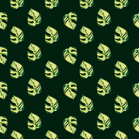 Tropical contrast seamless pattern in hand drawn style with green monstera leaf print. Black background. Designed for fabric design, textile print, wrapping, cover. Vector illustration.のイラスト素材