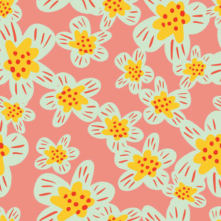 Summer floral seamless pattern with blue flowers shapes ornament. Pink background. Random bloom print. Flat vector print for textile, fabric, giftwrap, wallpapers. Endless illustration.のイラスト素材