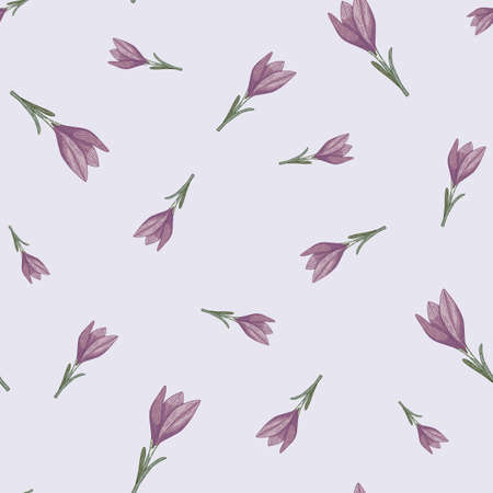 Summer seamless pattern in pastel pale tones with purple crocus flower elements shapes. Light blue background. Graphic design for wrapping paper and fabric textures. Vector Illustration.のイラスト素材