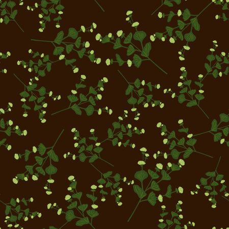 Random green wildflowers ornament seamless pattern. Dark brown background. Simple style. Graphic design for wrapping paper and fabric textures. Vector Illustration.のイラスト素材