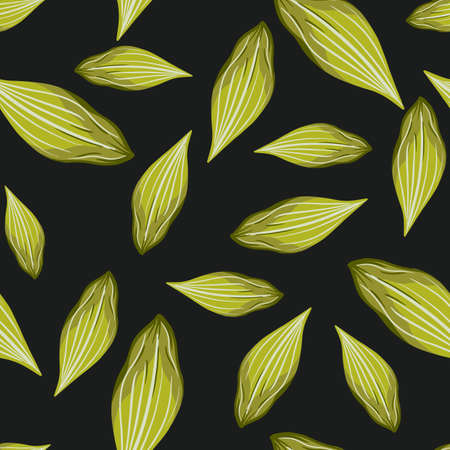 Abstract seamless pattern with green leaf elements. Black background. Random botanic floral backdrop. Stock illustration. Vector design for textile, fabric, giftwrap, wallpapers.のイラスト素材