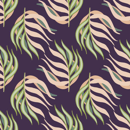 Decorative seamless pattern with doodle creative leaf branches ornament. Purple background. Flat vector print for textile, fabric, giftwrap, wallpapers. Endless illustration.のイラスト素材