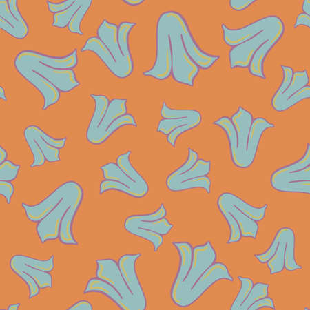 Abstract random seamless pattern with blue doodle tulip buds ornament. Orange background. Flat vector print for textile, fabric, giftwrap, wallpapers. Endless illustration.のイラスト素材