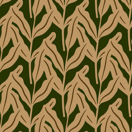 Light beige seamless doodle pattern with floral leaves ornament. Dark green background. Doodle style. Flat vector print for textile, fabric, giftwrap, wallpapers. Endless illustration.のイラスト素材