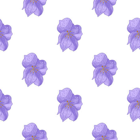 Isolated seamless doodle pattern with outline blue flower silhouettes. White background. Blossom backdrop. Graphic design for wrapping paper and fabric textures. Vector Illustration.のイラスト素材
