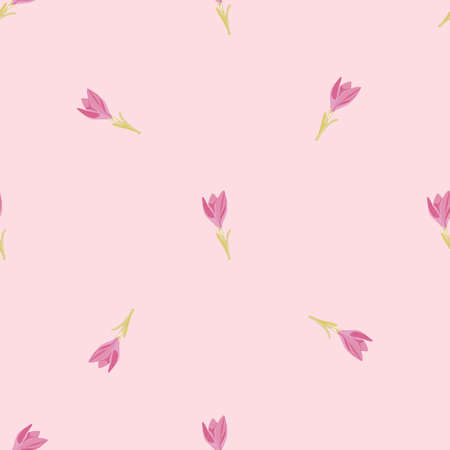 Minimalistic style seamless pattern with little pink crocus flower shapes. Light pink background. Simple style. Graphic design for wrapping paper and fabric textures. Vector Illustration.のイラスト素材