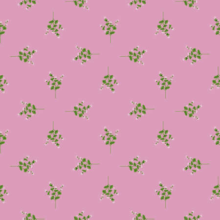 Little green wildflowers doodle seamless pattern in doodle style. Pink background. Summer bloom print. Graphic design for wrapping paper and fabric textures. Vector Illustration.のイラスト素材