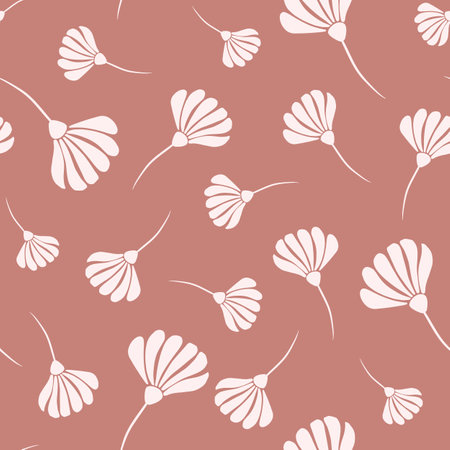 Random botanic seamless pattern with white flower silhouettes. Pale beige dark background. Vector illustration for seasonal textile prints, fabric, banners, backdrops and wallpapers.のイラスト素材