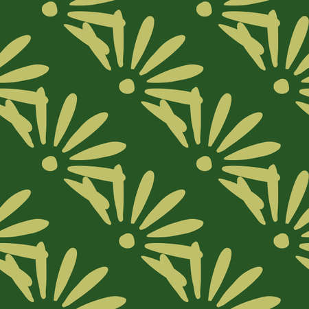 Bloom geometric seamless pattern with light daisy flowers elements. Green background. Garden floral print. Flat vector print for textile, fabric, giftwrap, wallpapers. Endless illustration.のイラスト素材