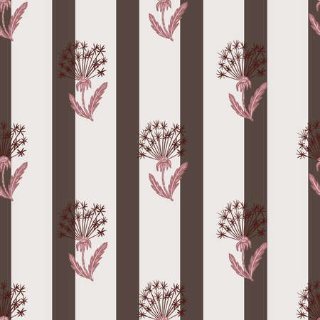 Decorative seamless nature pattern with hand drawn dandelion ornament. Grey and brown striped background. Great for fabric design, textile print, wrapping, cover. Vector illustration.のイラスト素材