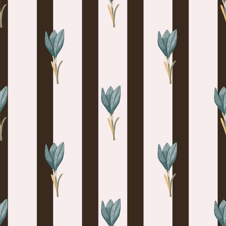 Decorative botanic seamless pattern with blue crocus flowers on striped beige and brown background. Graphic design for wrapping paper and fabric textures. Vector Illustration.のイラスト素材