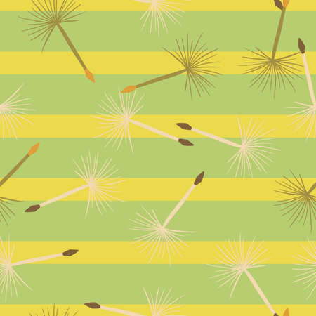 Hand drawn seamless doodle pattern with random dandelion flower shapes. Striped green and yellow background. Flat vector print for textile, fabric, giftwrap, wallpapers. Endless illustration.のイラスト素材