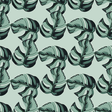 Random seamless pattern with doodle hand drawn blue colored monstera creative ornament. Pastel background. Designed for fabric design, textile print, wrapping, cover. Vector illustration.のイラスト素材