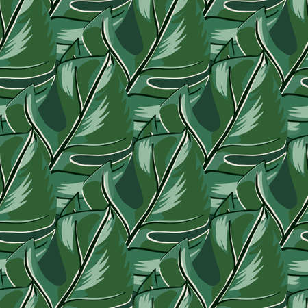 Jungle seamless pattern with doodle monstera exotic elements. Dark green foliage print. Sketch print. Perfect for fabric design, textile print, wrapping, cover. Vector illustration.のイラスト素材