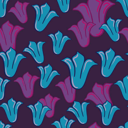 Nature botanic seamless pattern with purple and blue random tulip buds shapes. Dark background. Flat vector print for textile, fabric, giftwrap, wallpapers. Endless illustration.のイラスト素材