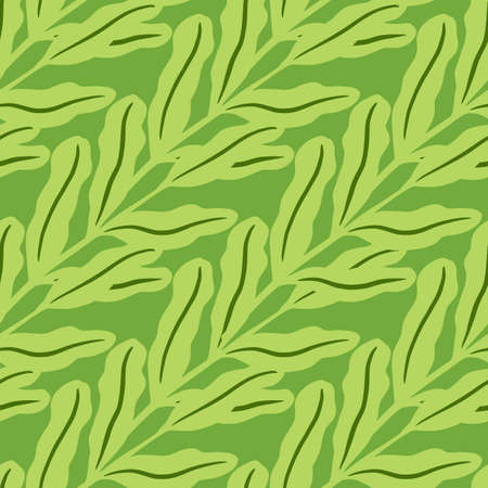 Vintage nature seamless pattern with doodle hand drawn foliage leaves elements. Green light palette. Flat vector print for textile, fabric, giftwrap, wallpapers. Endless illustration.のイラスト素材