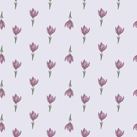 Abstract floral seamless pattern with little purple doodle crocus flower elements. Blue light background. Flat vector print for textile, fabric, giftwrap, wallpapers. Endless illustration.のイラスト素材