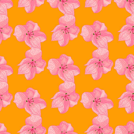 Vintage botanic seamless pattern with random pink flowers outline silhouettes. Bright orange background. Graphic design for wrapping paper and fabric textures. Vector Illustration.のイラスト素材