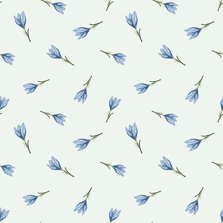 Scrapbook botanic seamless pattern with little blue random outline crocus flower elements on light background. Graphic design for wrapping paper and fabric textures. Vector Illustration.のイラスト素材
