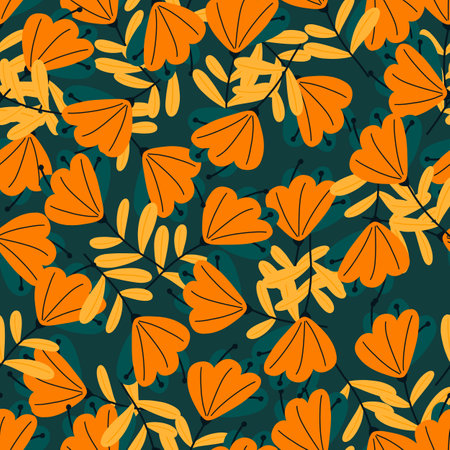 Autumn style seamless pattern with orange doodle flowers shapes. Navy blue backround. Decorative print. Stock illustration. Vector design for textile, fabric, giftwrap, wallpapers.のイラスト素材