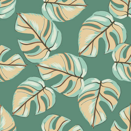 Pink and blue colored hand drawn monstera shapes seamless doodle pattern. Turquoise background. Great for fabric design, textile print, wrapping, cover. Vector illustration.のイラスト素材