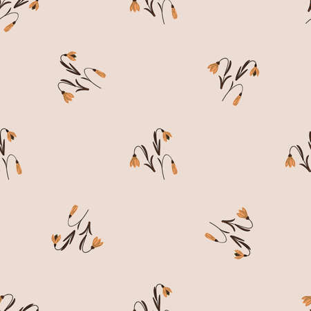 Minimalistic style seamless pattern with orange campanula flowers shapes. Light grey background. Doodle print. Flat vector print for textile, fabric, giftwrap, wallpapers. Endless illustration.のイラスト素材