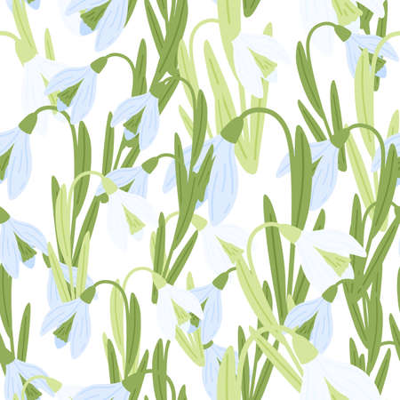 Spring botanic seamless pattern with green stems and blue snowdrop ornament. Isolated flowers backdrop. Vector illustration for seasonal textile prints, fabric, banners, backdrops and wallpapers.のイラスト素材
