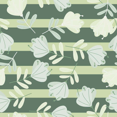 Abstract scribble botanic flowers seamless pattern. Green striped background. Nature ornament. Simple style. Vector illustration for seasonal textile prints, fabric, banners, backdrops and wallpapers.のイラスト素材