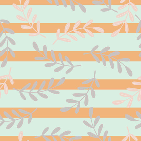 Random light grey leaf branches print seamless pattern. Orange and blue colored striped background. Graphic design for wrapping paper and fabric textures. Vector Illustration.のイラスト素材
