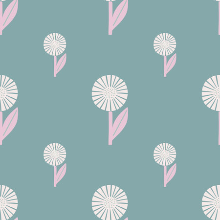 Abstract daisy flowers seamless pattern in hand drawn style. Blue background. Botanic nature backdrop. Graphic design for wrapping paper and fabric textures. Vector Illustration.のイラスト素材