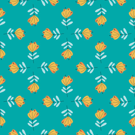 Bright orange flowers simple silhouettes seamless pattern in doodle style. Blue background. Geometric print. Stock illustration. Vector design for textile, fabric, giftwrap, wallpapers.のイラスト素材