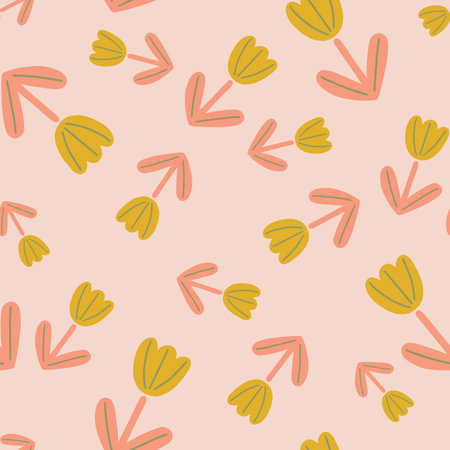 Yellow random simple tulip flowers elements seamless pattern. Pastel pink background. Abstract style. Flat vector print for textile, fabric, giftwrap, wallpapers. Endless illustration.のイラスト素材