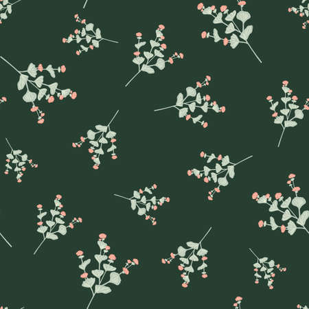 Random seamless pattern with light blue wildflowers elements. Dark green background. Graphic design for wrapping paper and fabric textures. Vector Illustration.のイラスト素材