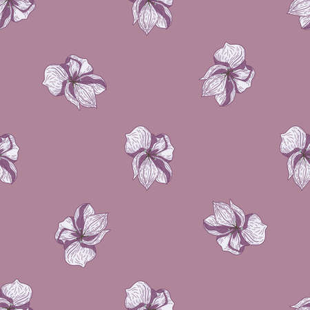 Minimalistic seamless pattern with outline flower elements print. Pale purple background. Simple style. Graphic design for wrapping paper and fabric textures. Vector Illustration.のイラスト素材