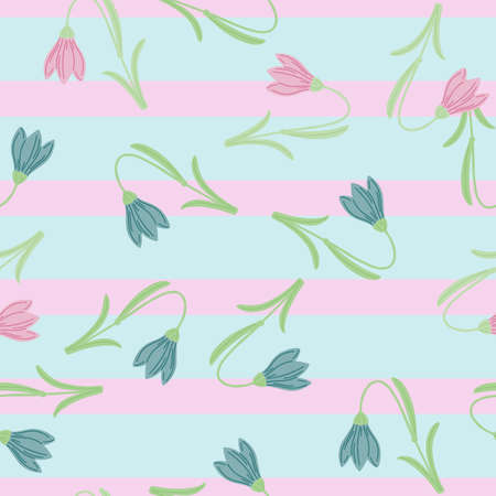 Spring season seamless pattern with blue and pink harebell ornament. Striped blue and pink background. Flat vector print for textile, fabric, giftwrap, wallpapers. Endless illustration.のイラスト素材