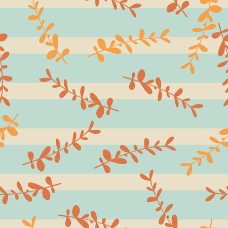 Abstract herbal seamless pattern with random orange eucalyptus shapes. Blue striped background. Graphic design for wrapping paper and fabric textures. Vector Illustration.のイラスト素材