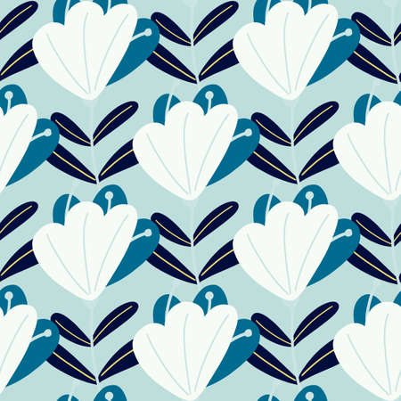 Abstract folk seamless pattern with doodle flower elements print. Blue pastel background. Simple style. Stock illustration. Vector design for textile, fabric, giftwrap, wallpapers.のイラスト素材