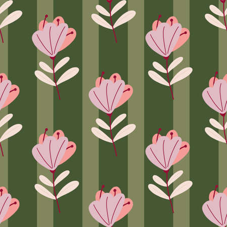 Lilac colored scribble flowers print seamless pattern. Green striped background. Nature ornament. Vector illustration for seasonal textile prints, fabric, banners, backdrops and wallpapers.のイラスト素材