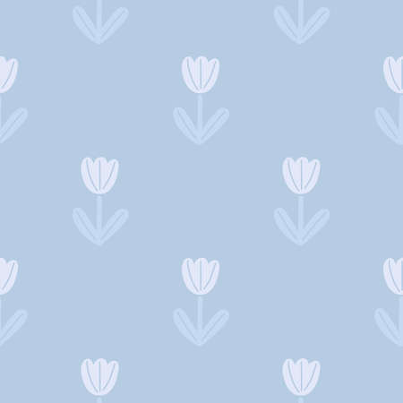 Minimalistic style seamless pattern with tulip simple flowers shapes. Blue light background. Bloom artwork. Flat vector print for textile, fabric, giftwrap, wallpapers. Endless illustration.のイラスト素材