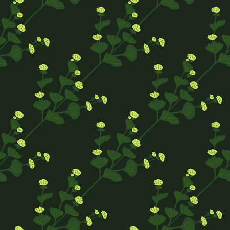 Botanic nature dark seamless pattern with green wildflowers ornament. Brown background. Graphic design for wrapping paper and fabric textures. Vector Illustration.のイラスト素材