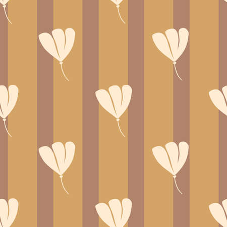 Nature seamless pattern with light grey cosmos flowers elements. Beige and brown striped background. Vector illustration for seasonal textile prints, fabric, banners, backdrops and wallpapers.のイラスト素材