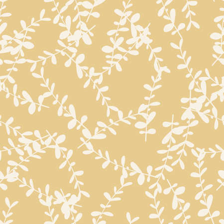 White random eucalyptus branches botanic shapes seamless pattern. Pastel beige background. Graphic design for wrapping paper and fabric textures. Vector Illustration.のイラスト素材