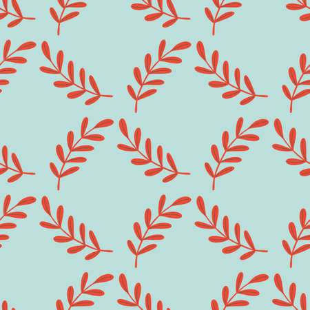 Geometric style seamless doodle pattern with red leaves branches elements. Blue pastel background. Graphic design for wrapping paper and fabric textures. Vector Illustration.のイラスト素材