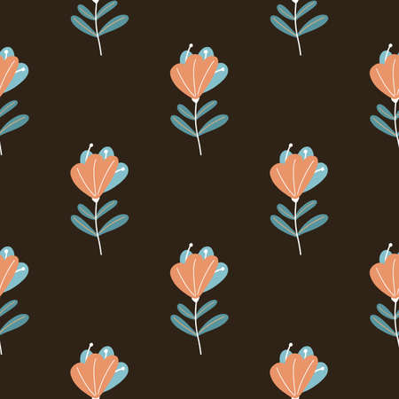 Abstract orange colored scribble flower silhouettes seamless pattern. Black background. Vector illustration for seasonal textile prints, fabric, banners, backdrops and wallpapers.のイラスト素材