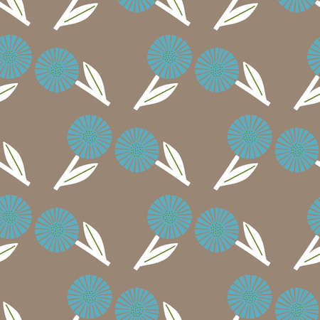 Geometric style seamless pattern with blue flowers silhouettes. Beige background. Doodle style. Graphic design for wrapping paper and fabric textures. Vector Illustration.のイラスト素材